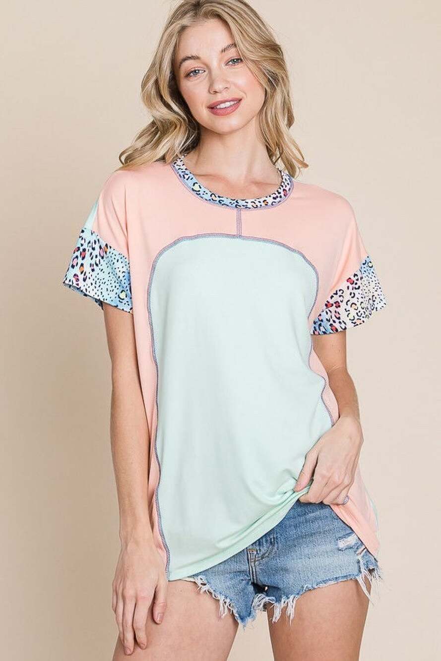 Vanilla Bay Mint Coral Color Block Top Animal Print Boutique Direct New Large